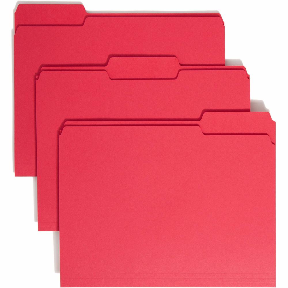 Smead 1/3 Tab Cut Letter Recycled Top Tab File Folder - 8 1/2" x 11" - 3/4" Expansion - Top Tab Location - Assorted Position Tab Position - Red - 10% Recycled - 100 / Box. Picture 1