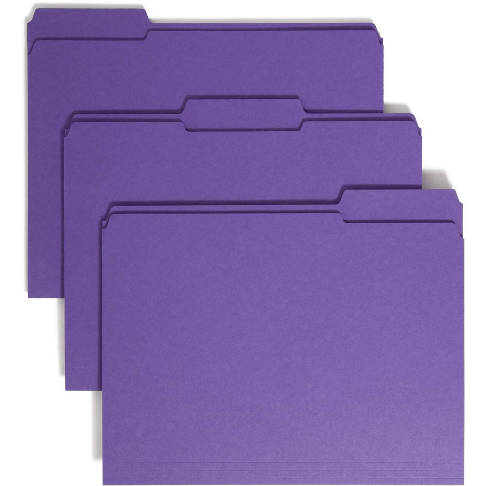 Smead Colored 1/3 Tab Cut Letter Recycled Top Tab File Folder - 8 1/2" x 11" - 3/4" Expansion - Top Tab Location - Assorted Position Tab Position - Purple - 10% Recycled - 100 / Box. Picture 1