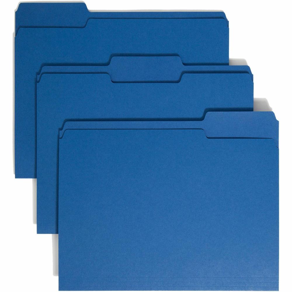 Smead Colored 1/3 Tab Cut Letter Recycled Top Tab File Folder - 8 1/2" x 11" - 3/4" Expansion - Top Tab Location - Assorted Position Tab Position - Navy Blue - 10% Recycled - 100 / Box. Picture 1