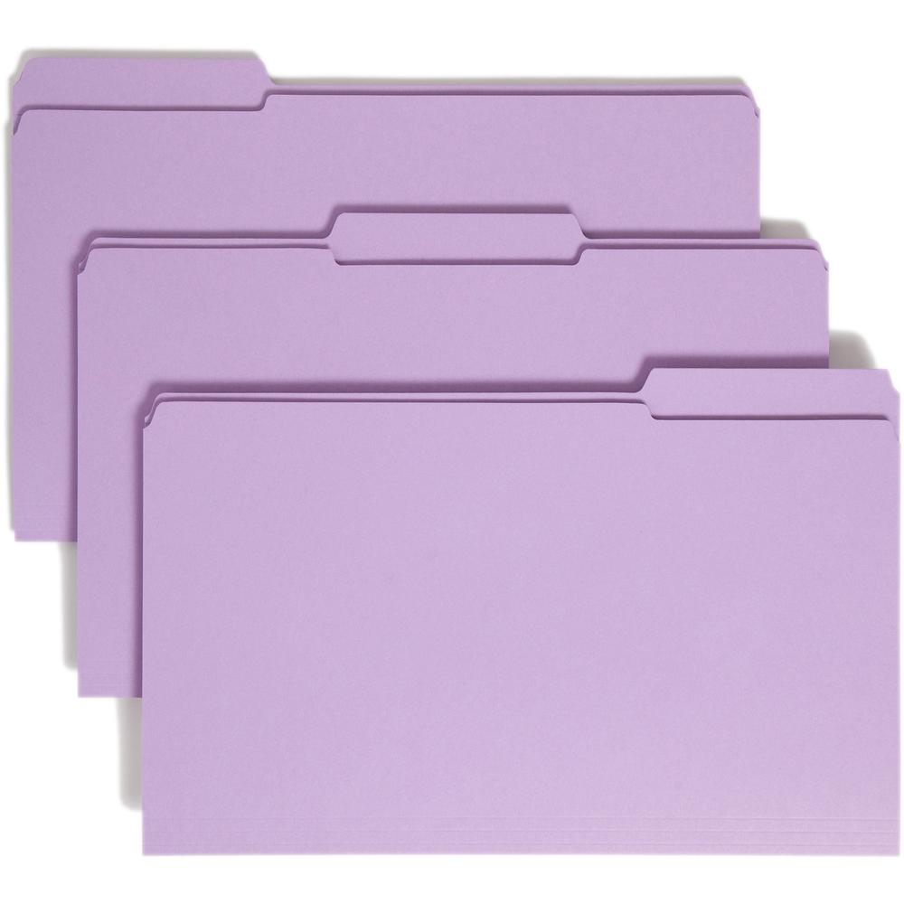 Smead Colored 1/3 Tab Cut Legal Recycled Top Tab File Folder - 8 1/2" x 14" - 3/4" Expansion - Top Tab Location - Assorted Position Tab Position - Lavender - 10% Recycled - 100 / Box. Picture 1