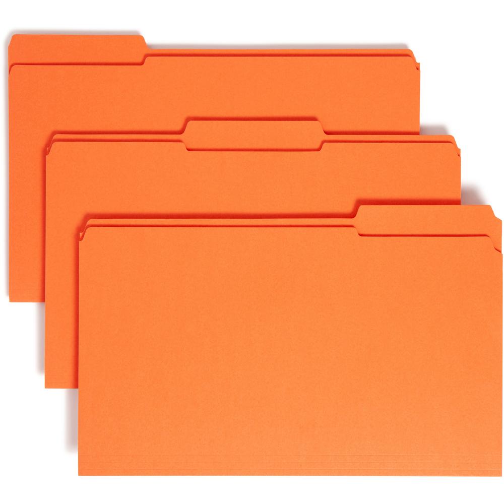 Smead Colored 1/3 Tab Cut Legal Recycled Top Tab File Folder - 8 1/2" x 14" - 3/4" Expansion - Top Tab Location - Assorted Position Tab Position - Orange - 10% Recycled - 100 / Box. Picture 1