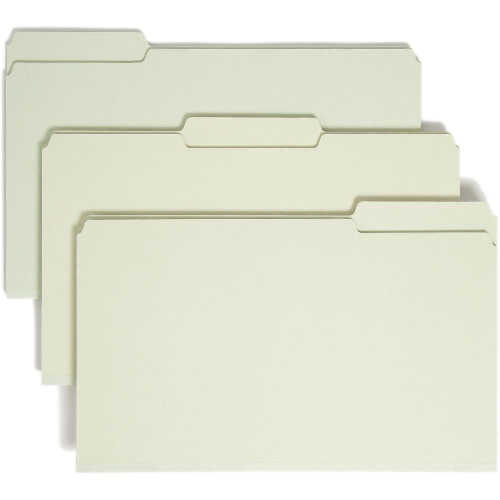 Smead 1/3 Tab Cut Legal Recycled Top Tab File Folder - 8 1/2" x 14" - 1" Expansion - Top Tab Location - Assorted Position Tab Position - Pressboard - Gray, Green - 100% Recycled - 25 / Box. Picture 1