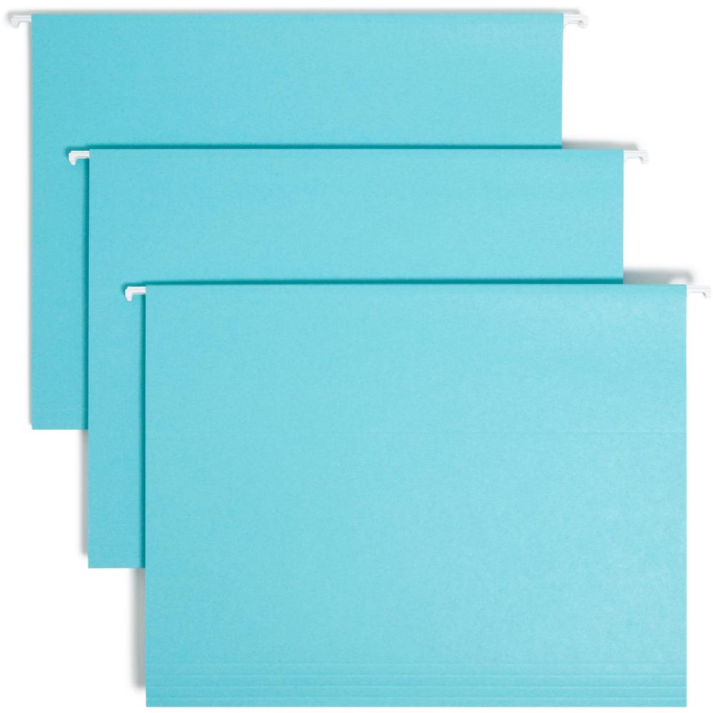 Smead Colored 1/5 Tab Cut Letter Recycled Hanging Folder - 8 1/2" x 11" - Top Tab Location - Assorted Position Tab Position - Aqua - 10% Recycled - 25 / Box. Picture 1