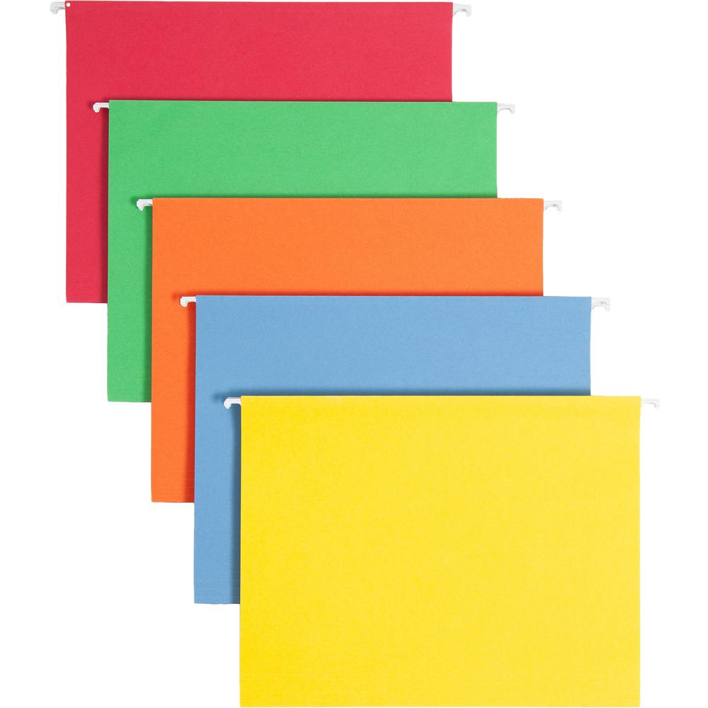 Smead Colored 1/5 Tab Cut Letter Recycled Hanging Folder - 8 1/2" x 11" - Top Tab Location - Assorted Position Tab Position - Vinyl - Blue, Green, Orange, Red, Yellow - 10% Recycled - 25 / Box. The main picture.