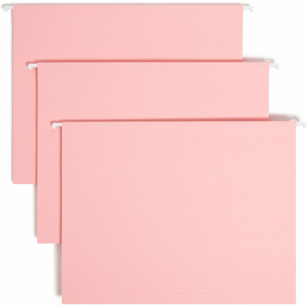 Smead Colored 1/5 Tab Cut Letter Recycled Hanging Folder - 8 1/2" x 11" - Top Tab Location - Assorted Position Tab Position - Vinyl - Pink - 10% Recycled - 25 / Box. Picture 1