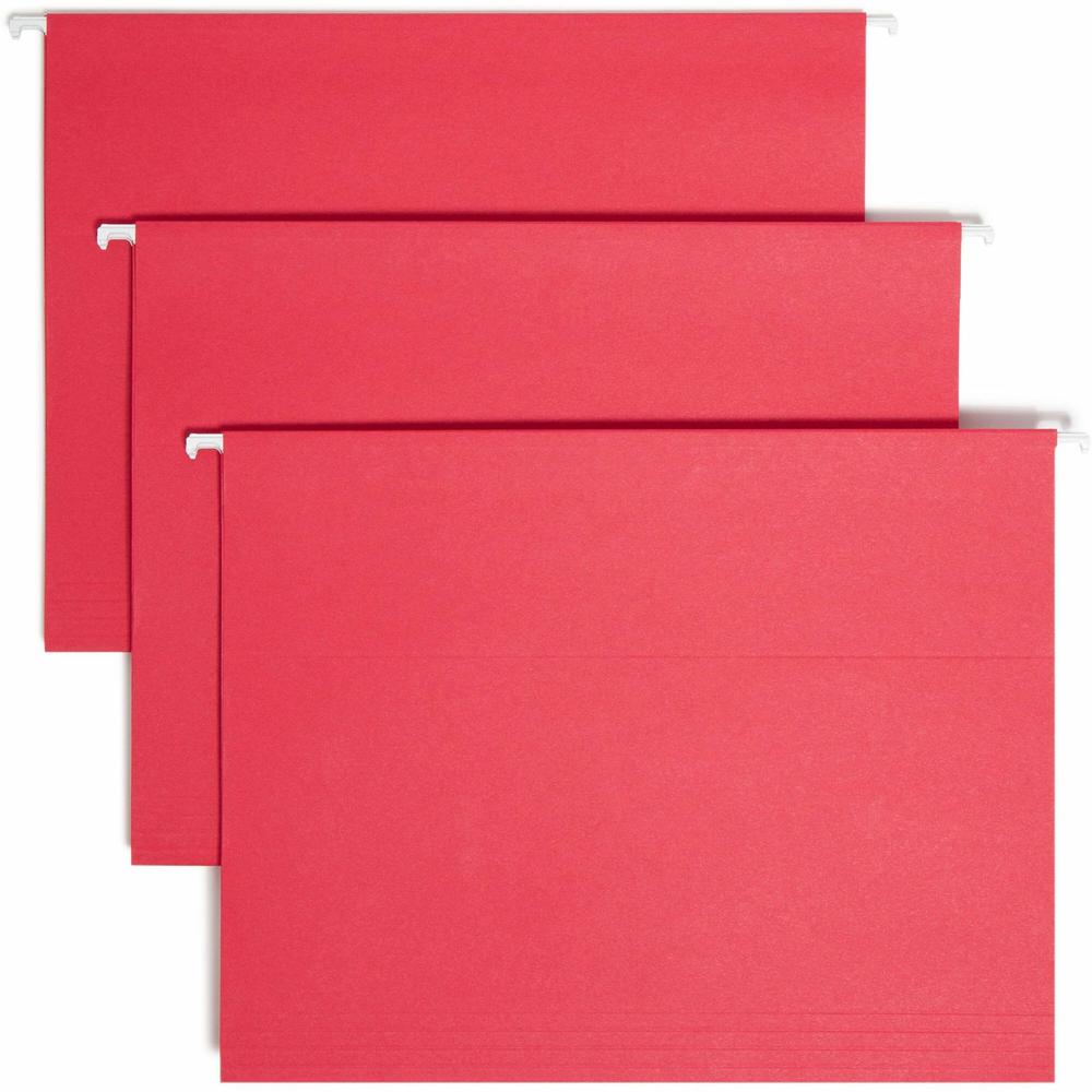 Smead Colored 1/5 Tab Cut Letter Recycled Hanging Folder - 8 1/2" x 11" - Top Tab Location - Assorted Position Tab Position - Vinyl - Red - 10% Recycled - 25 / Box. Picture 1