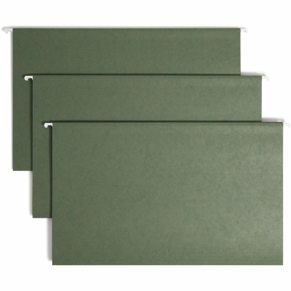 Smead 1/5 Tab Cut Legal Recycled Hanging Folder - 8 1/2" x 14" - Top Tab Location - Assorted Position Tab Position - Vinyl - Standard Green - 10% Recycled - 25 / Box. Picture 1