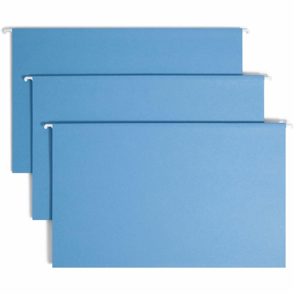 Smead Colored 1/5 Tab Cut Legal Recycled Hanging Folder - 8 1/2" x 14" - Top Tab Location - Assorted Position Tab Position - Vinyl - Blue - 10% Recycled - 25 / Box. Picture 1