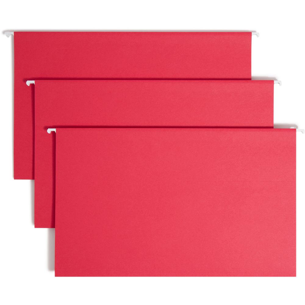 Smead Colored 1/5 Tab Cut Legal Recycled Hanging Folder - 8 1/2" x 14" - Top Tab Location - Assorted Position Tab Position - Vinyl - Red - 10% Recycled - 25 / Box. Picture 1