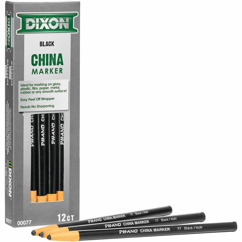 Dixon Phano Nontoxic China Markers - Black Lead - Black Barrel - 1 Dozen. Picture 1