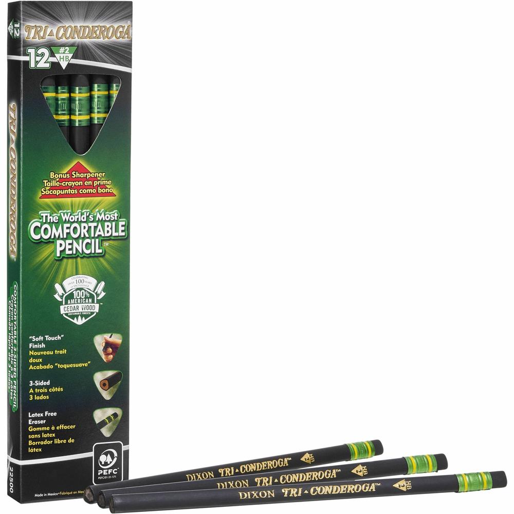 Ticonderoga Tri-Conderoga Wood-Cased Pencils with Sharpener - 2HB Lead - Black Barrel - 1 Dozen. Picture 1