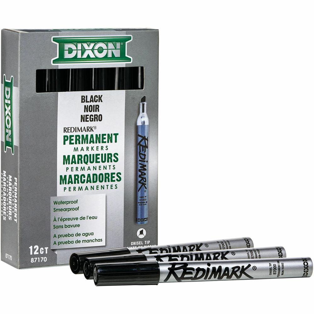 Dixon RediMark Chisel Tip Permanent Markers - Chisel Marker Point Style - Black - Metal Barrel - 12 / Box. Picture 1