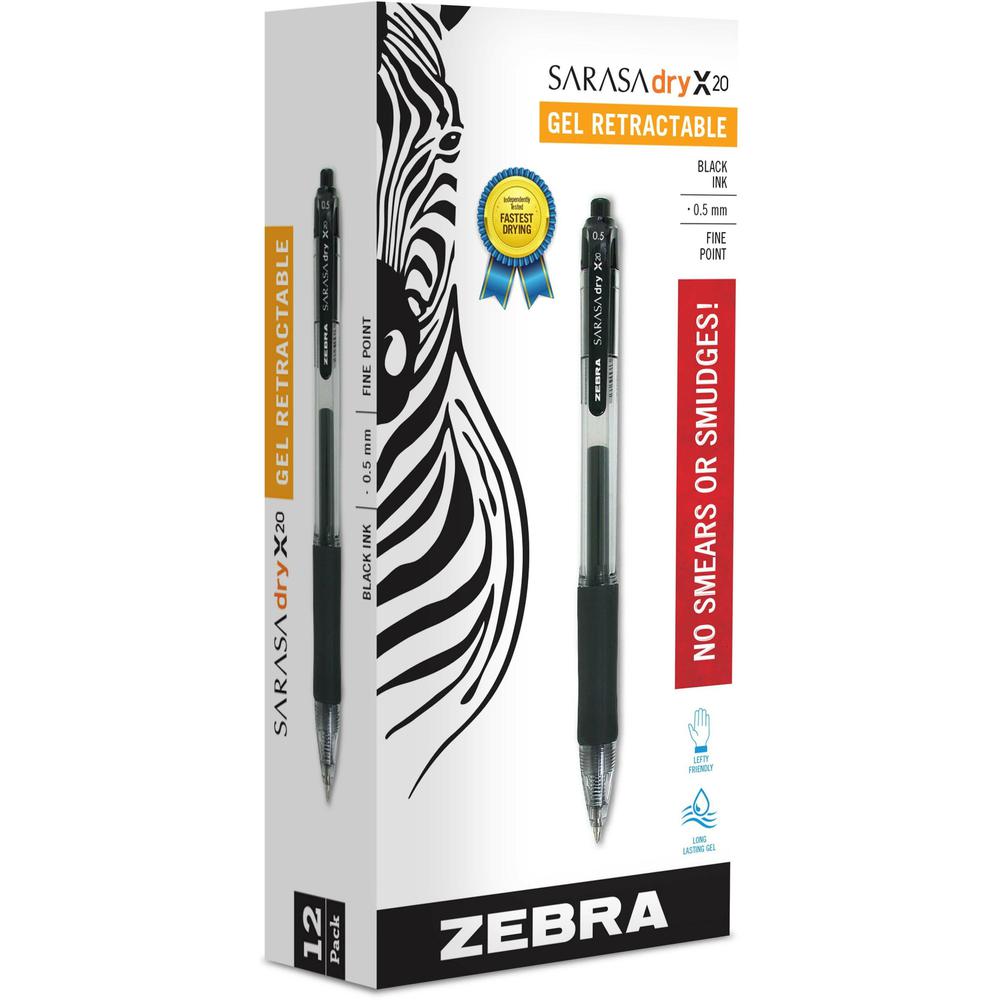 Zebra SARASA dry X20 Retractable Gel Pen - Fine Pen Point - 0.5 mm Pen Point Size - Retractable - Black Pigment-based Ink - Translucent Barrel - 1 Dozen. Picture 1