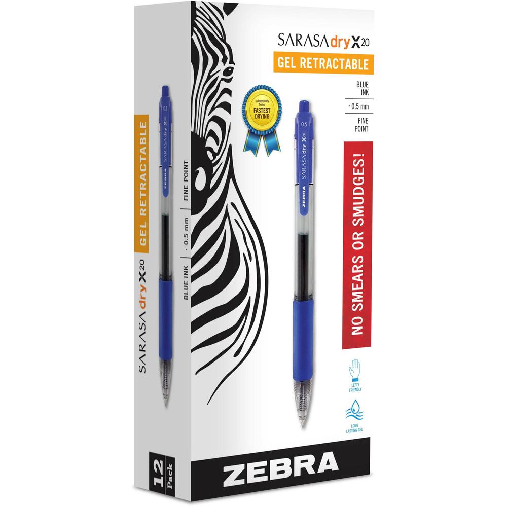 Zebra SARASA dry X20 Retractable Gel Pen - Fine Pen Point - 0.5 mm Pen Point Size - Refillable - Retractable - Blue Pigment-based Ink - Translucent Barrel - 1 Dozen. Picture 1