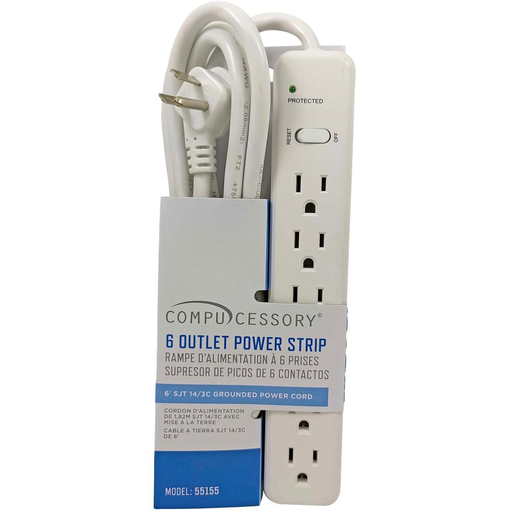 Compucessory 6-Outlet Power Strips - 6 - 6 ft Cord - 104 J Surge Energy - 15 A Current - 125 V AC Voltage - Strip - Putty. Picture 1