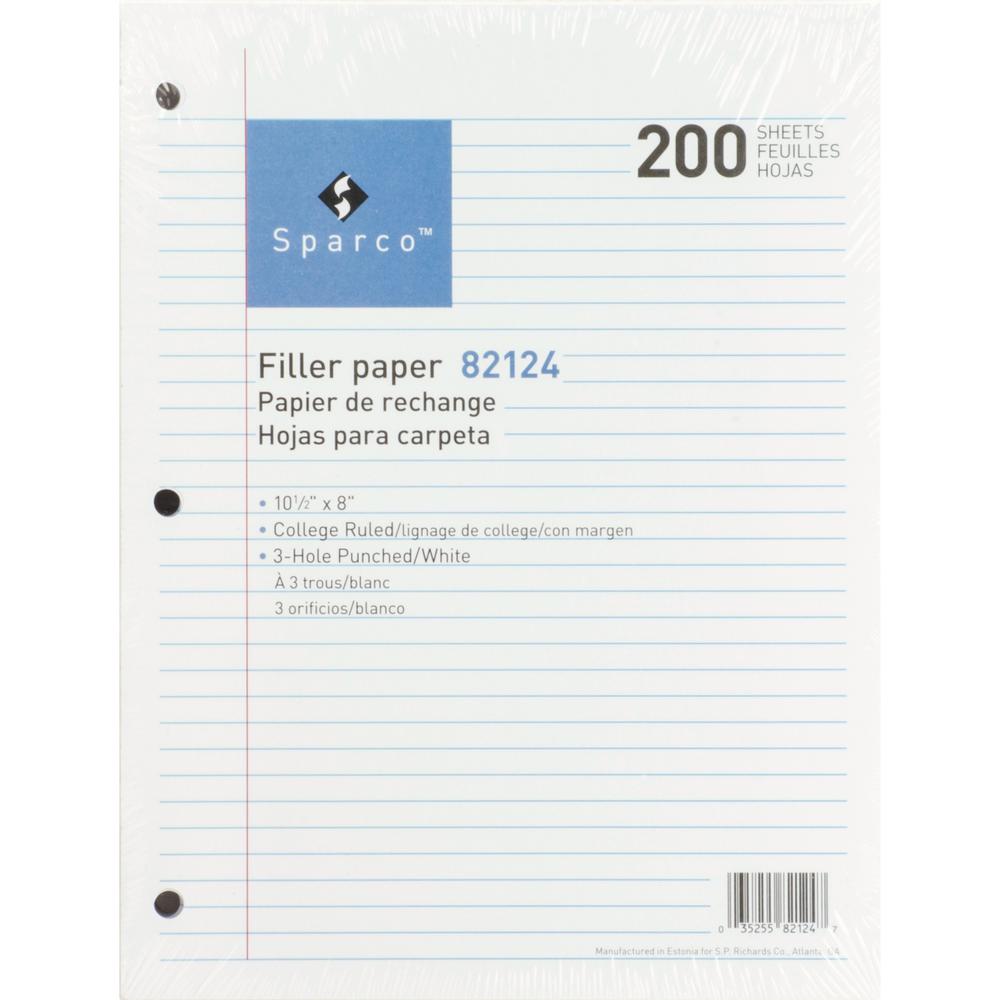 Sparco Standard White 3HP Filler Paper - 200 Sheets - College Ruled - Ruled Red Margin - 16 lb Basis Weight - 8" x 10 1/2" - White Paper - Bleed-free - 200 / Pack. Picture 1