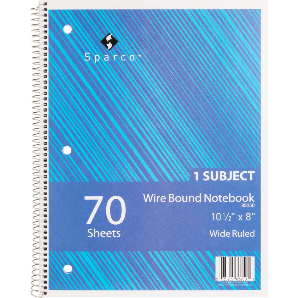 Sparco Quality Wirebound Wide Ruled Notebooks - 70 Sheets - Wire Bound - Wide Ruled - Unruled - 16 lb Basis Weight - 8" x 10 1/2" - Bright White Paper - Assorted Cover - Chipboard Cover - Bleed-free, . The main picture.