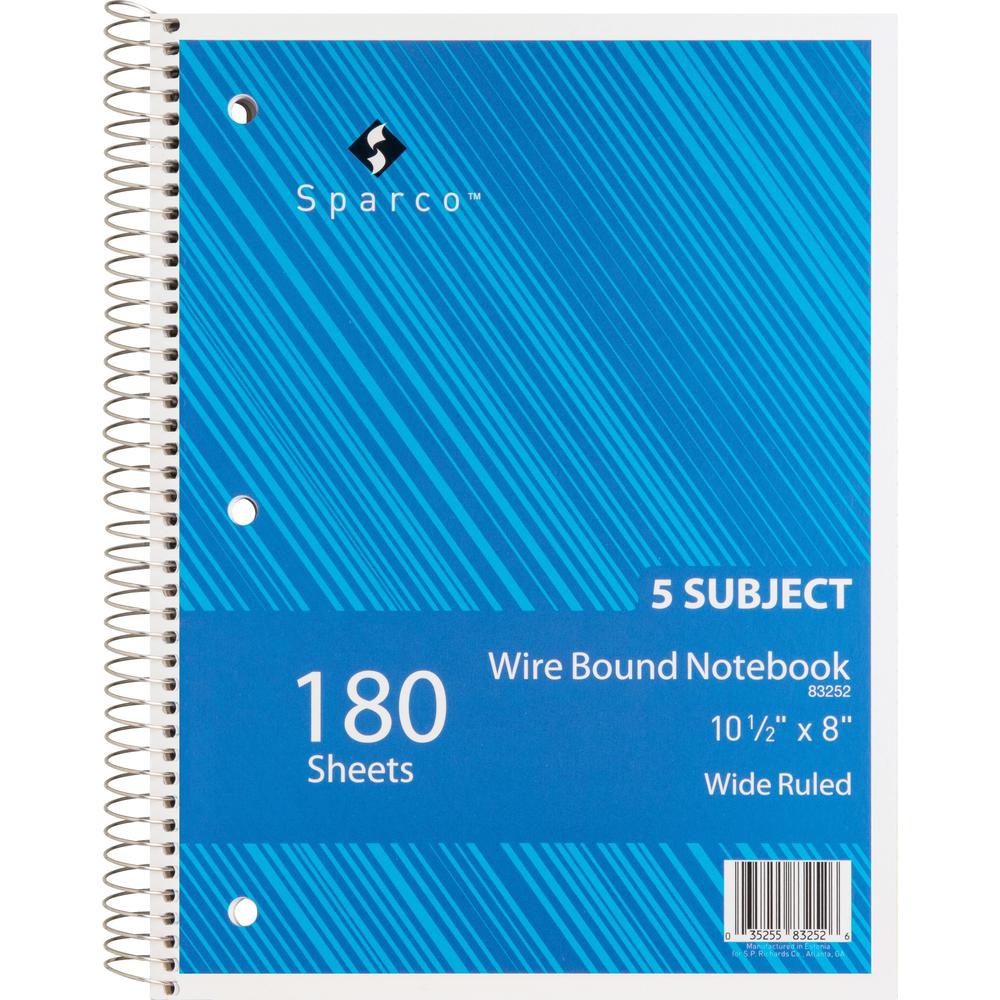 Sparco Quality Wirebound Wide Ruled Notebooks - 180 Sheets - Wire Bound - Wide Ruled - Unruled - 16 lb Basis Weight - 8" x 10 1/2" - Bright White Paper - Assorted Cover - Chipboard Cover - Resist Blee. Picture 1