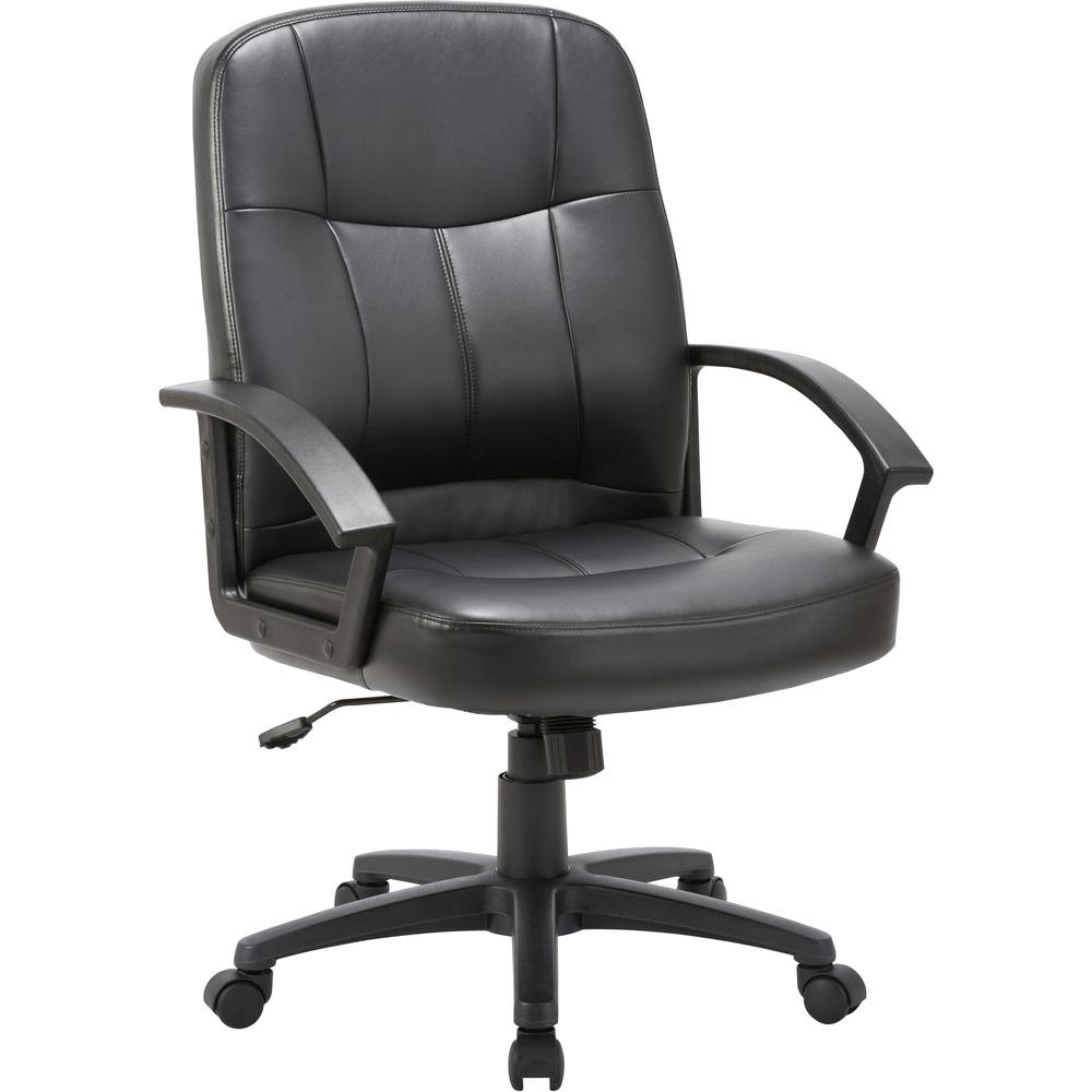 Lorell Chadwick Managerial Leather Mid-Back Chair - Black Leather Seat - Black Frame - 5-star Base - Black - 1 Each. Picture 1
