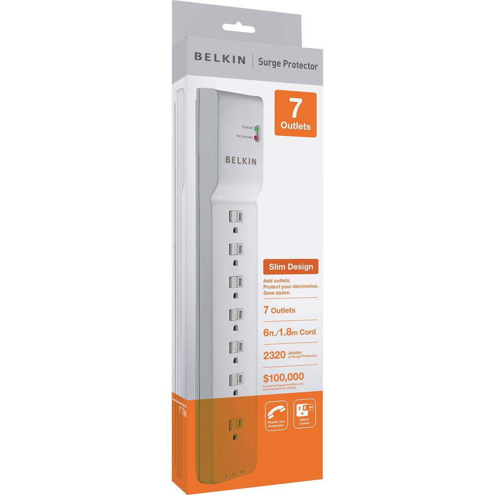 Belkin 7 Outlet Power Strip Surge Protector with 6ft Power Cord - 2320 Joules - White - 7 x AC Power - 1875 VA - 2320 J - 125 V AC Input - 125 V AC Output - Phone/Fax - 6 ft. Picture 1