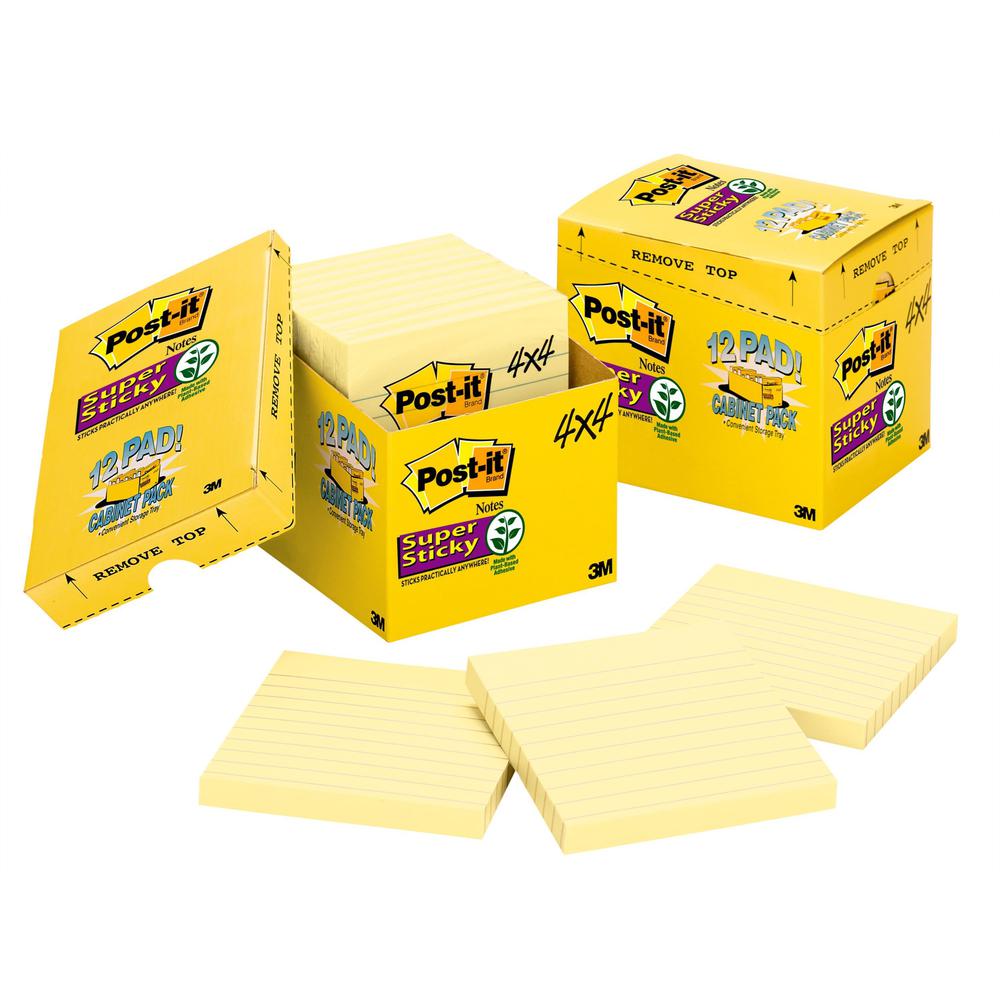 Post-it&reg; Super Sticky Lined Notes Cabinet Pack - 1080 - 4" x 4" - Square - 90 Sheets per Pad - Ruled - Canary Yellow - Paper - Self-adhesive, Repositionable - 12 / Pack. Picture 1