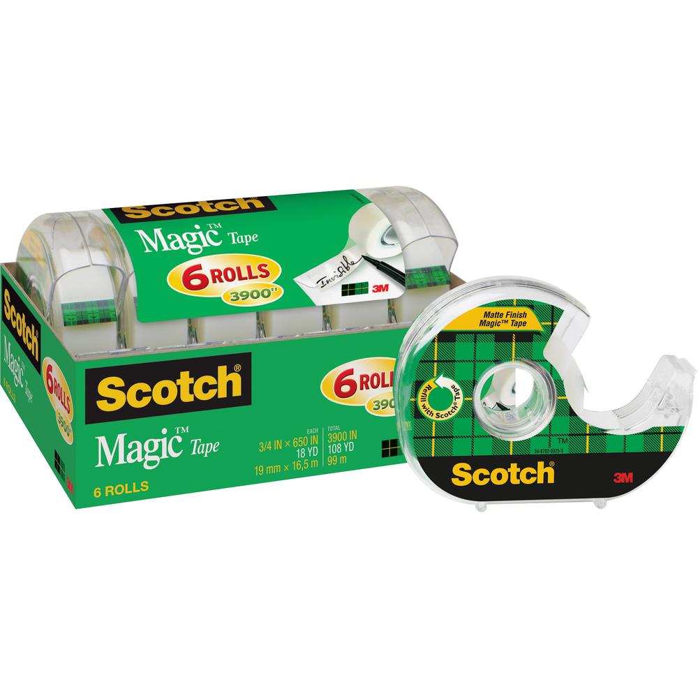 Scotch 3/4"W Magic Tape - 18.06 yd Length x 0.75" Width - 1" Core - Dispenser Included - Handheld Dispenser - Tear Resistant - For Mending, Splicing - 6 / Pack - Matte - Clear. Picture 1