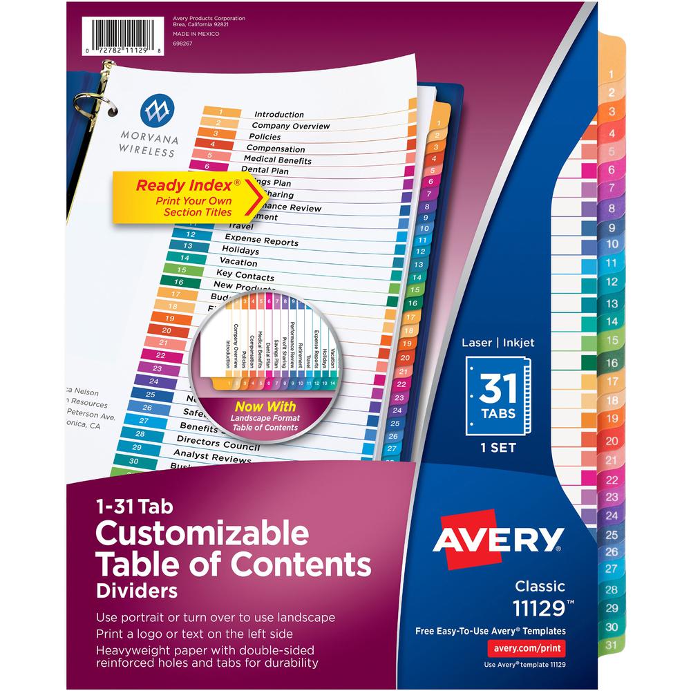 Avery&reg; Ready Index&reg; Table of Content Dividers for Laser and Inkjet Printers, 1-31 - 31 x Divider(s) - 1-31 - 31 Tab(s)/Set - 8.5" Divider Width x 11" Divider Length - 3 Hole Punched - White Pa. Picture 1