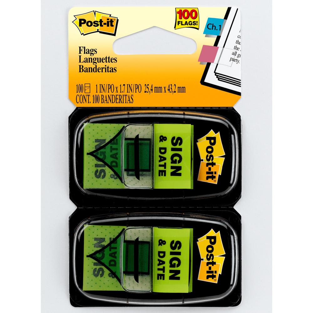 Post-it&reg; Message Flags - 100 x Green - 1" x 1 3/4" - Arrow, Rectangle - Unruled - "Sign & Date" - Green - Removable, Self-adhesive - 1 / Pack. Picture 1
