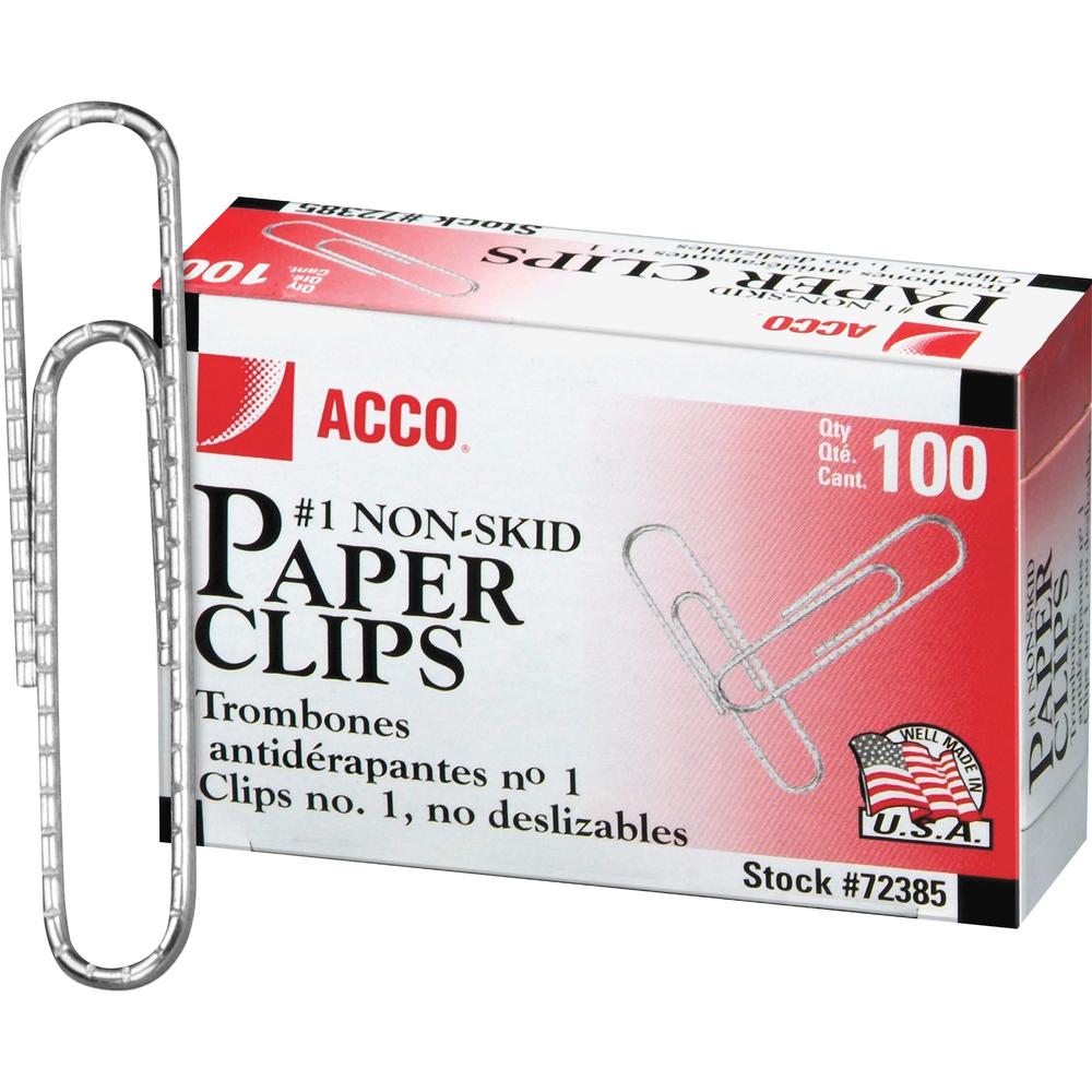 ACCO Premium Paper Clips - No. 1 - 1.3" Length - 10 Sheet Capacity - Non-skid, Strain Resistant, Corrosion Resistant, Galvanized, Non-slip Grip - 10 / Pack - Silver - Metal, Zinc Plated. Picture 1