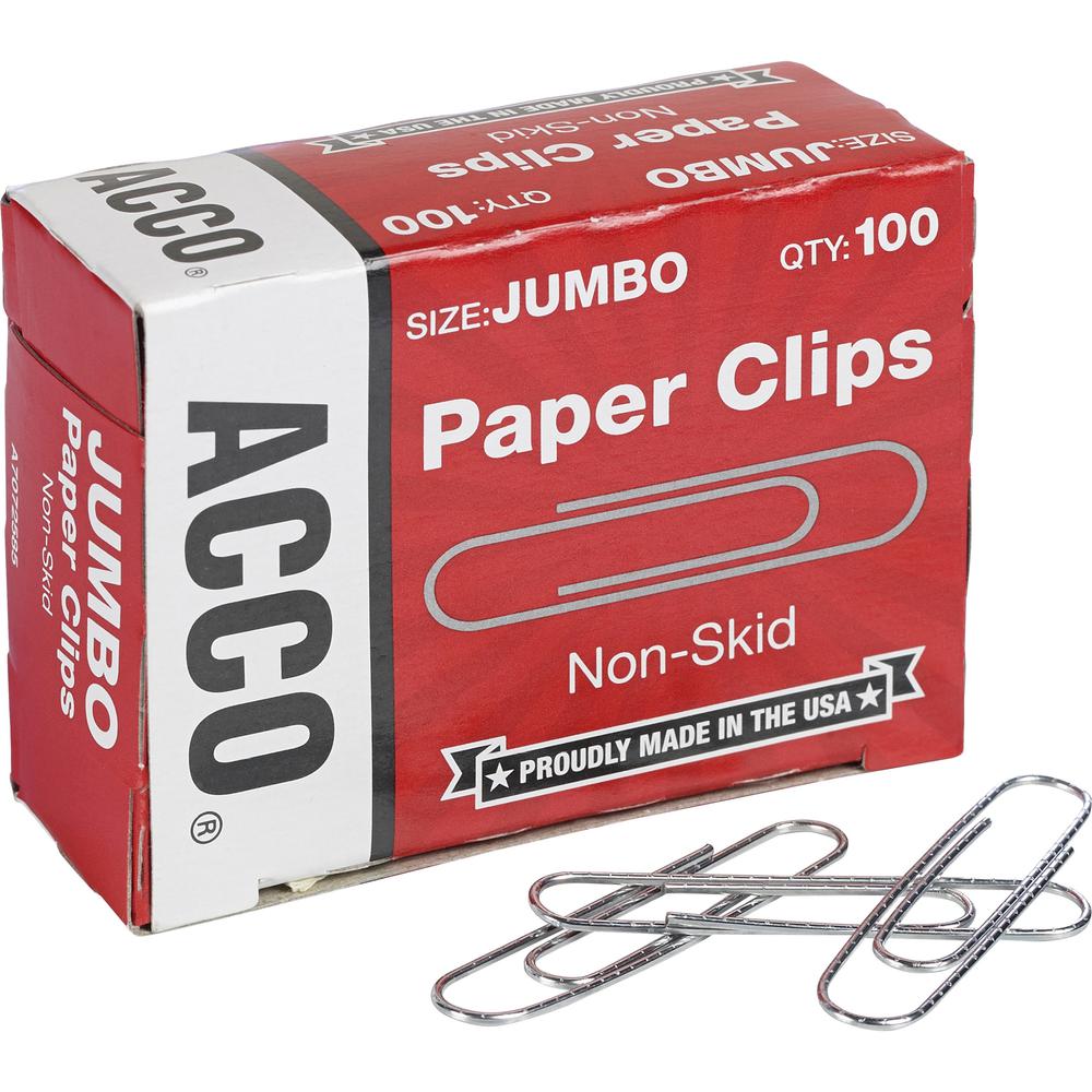 ACCO Economy Jumbo Non-Skid Paper Clips - Jumbo - No. 1 - 2" Length x 0.5" Width - 20 Sheet Capacity - Non-skid, Galvanized, Corrosion Resistant - 1000 / Pack - Silver - Metal, Zinc Plated. Picture 1