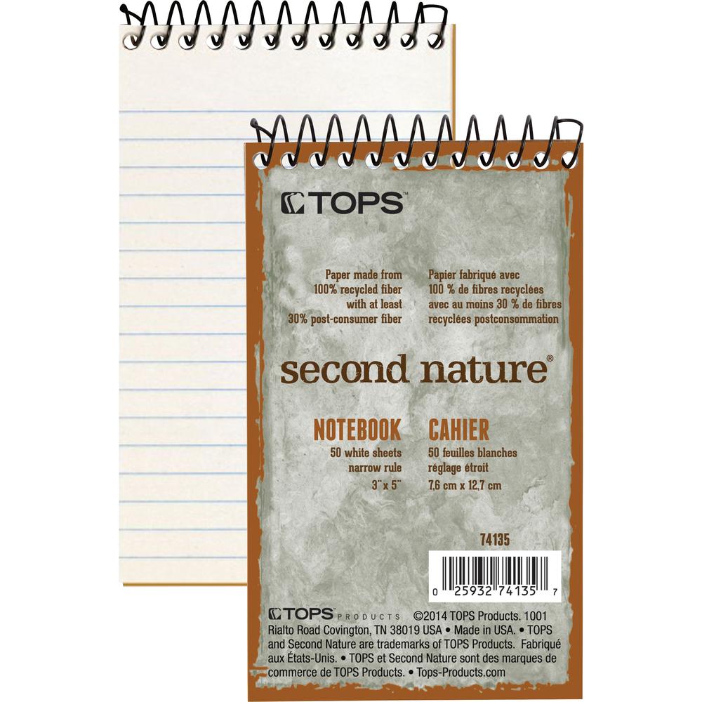 TOPS Second Nature Narrow Ruled Notebooks - 50 Sheets - Spiral - 3" x 5" - White Paper - Recycled - 1 Each. Picture 1