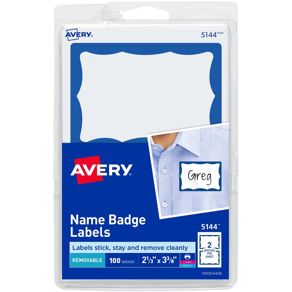 Avery&reg; Border Print or Write Name Tags - 2 11/32" Width x 3 3/8" Length - Removable Adhesive - Rectangle - Laser, Inkjet - White, Blue - Paper - 2 / Sheet - 50 Total Sheets - 100 Total Label(s) - . The main picture.