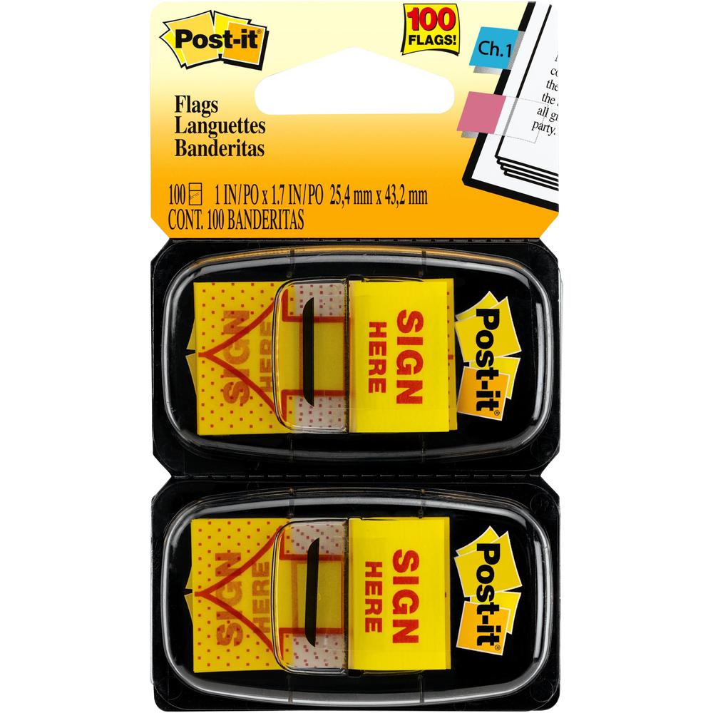 Post-it&reg; Message Flags - 100 x Yellow - 1" x 1 3/4" - Arrow, Rectangle - Unruled - "SIGN HERE" - Yellow - Removable, Self-adhesive - 100 / Pack. Picture 1