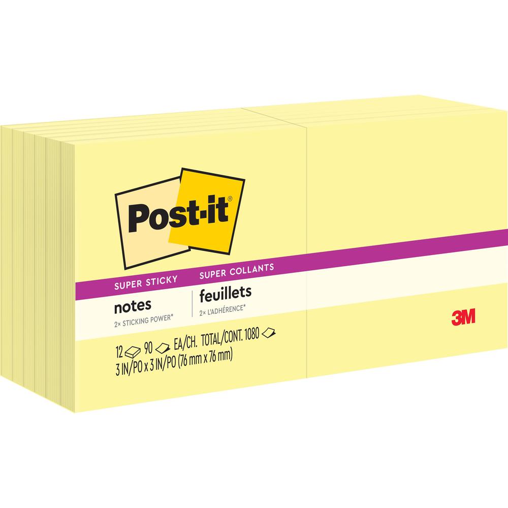 Post-it&reg; Super Sticky Dispenser Notes - 1080 - 3" x 3" - Square - 90 Sheets per Pad - Unruled - Canary Yellow - Paper - Self-adhesive, Repositionable - 12 / Pack. Picture 1