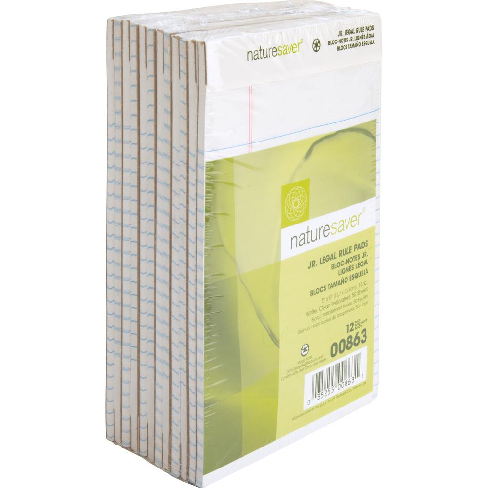 Nature Saver 100% Recycled White Jr. Rule Legal Pads - Jr.Legal - 50 Sheets - 0.28" Ruled - 15 lb Basis Weight - Jr.Legal - 5" x 8" - White Paper - Perforated, Back Board - Recycled - 1 Dozen. Picture 1