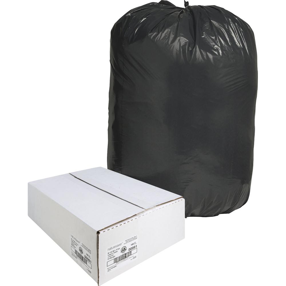 Nature Saver Black Low-density Recycled Can Liners - Extra Large Size - 60 gal Capacity - 38" Width x 58" Length - 1.25 mil (32 Micron) Thickness - Low Density - Black - Plastic - 100/Carton - Cleanin. Picture 1