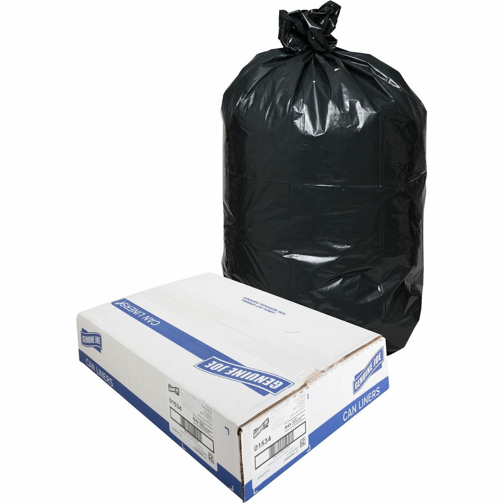 Genuine Joe Heavy-Duty Trash Can Liners - Large Size - 45 gal Capacity - 39" Width x 46" Length - 1.50 mil (38 Micron) Thickness - Low Density - Black - 50/Carton. Picture 1