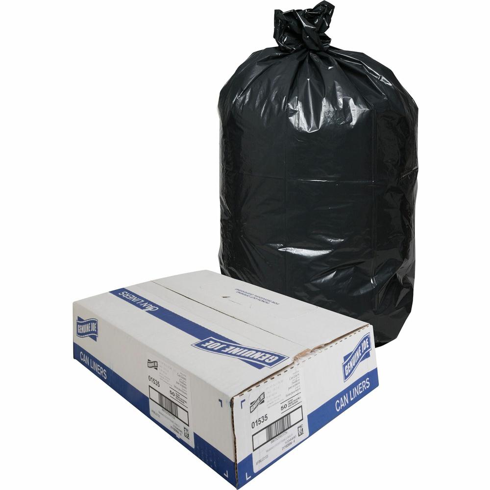 Genuine Joe Heavy-Duty Trash Can Liners - 60 gal Capacity - 39" Width x 56" Length - 1.50 mil (38 Micron) Thickness - Low Density - Black - Plastic Resin - 50/Box - Debris, Can, Waste. Picture 1