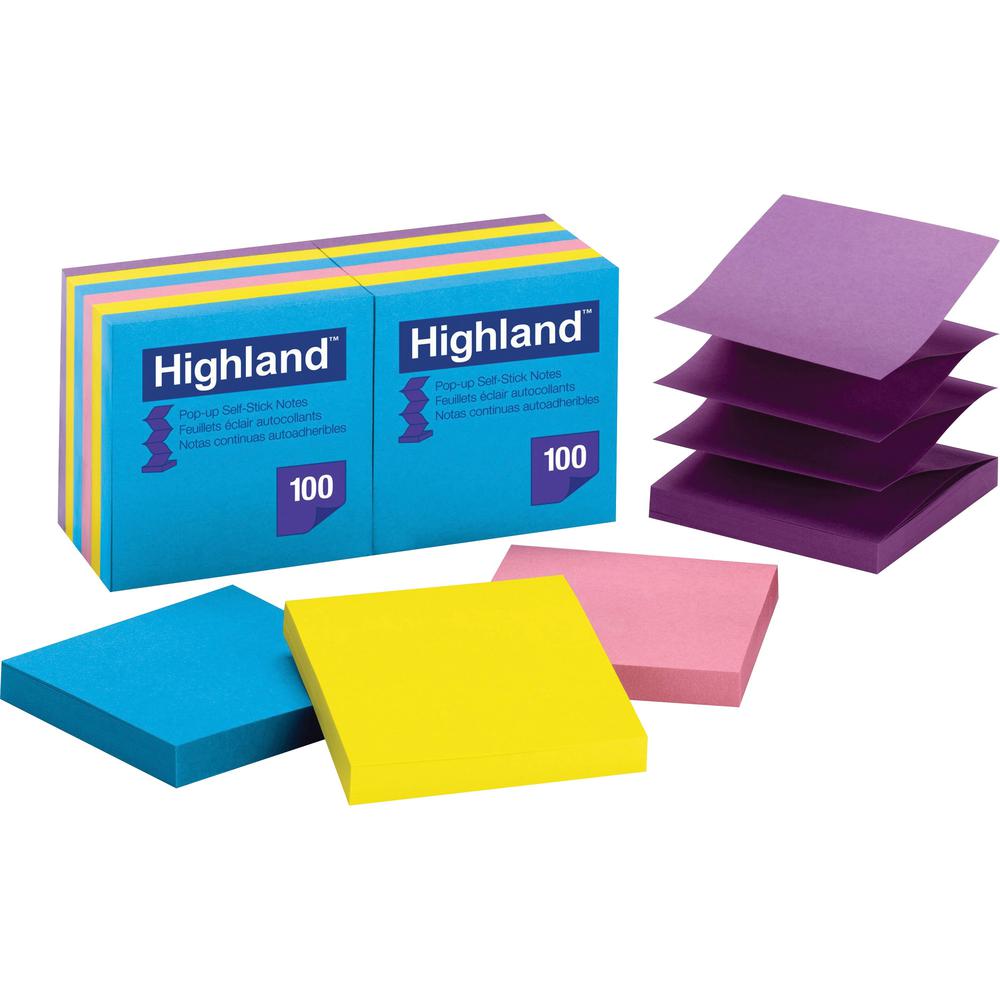 Highland Self-sticking Bright Pop-up Notepads - 1200 - 3" x 3" - Square - 100 Sheets per Pad - Unruled - Bright Assorted - Paper - Self-adhesive, Repositionable, Removable, Pop-up - 12 / Pack. Picture 1