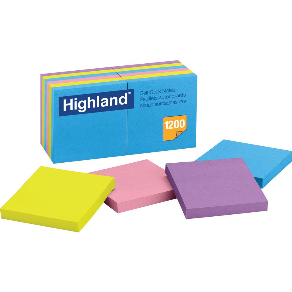 Highland Self-Sticking Notepads - Bright Colors - 1200 - 3" x 3" - Square - 100 Sheets per Pad - Unruled - Bright Assorted - Paper - Self-adhesive, Repositionable, Removable - 12 / Pack. Picture 1