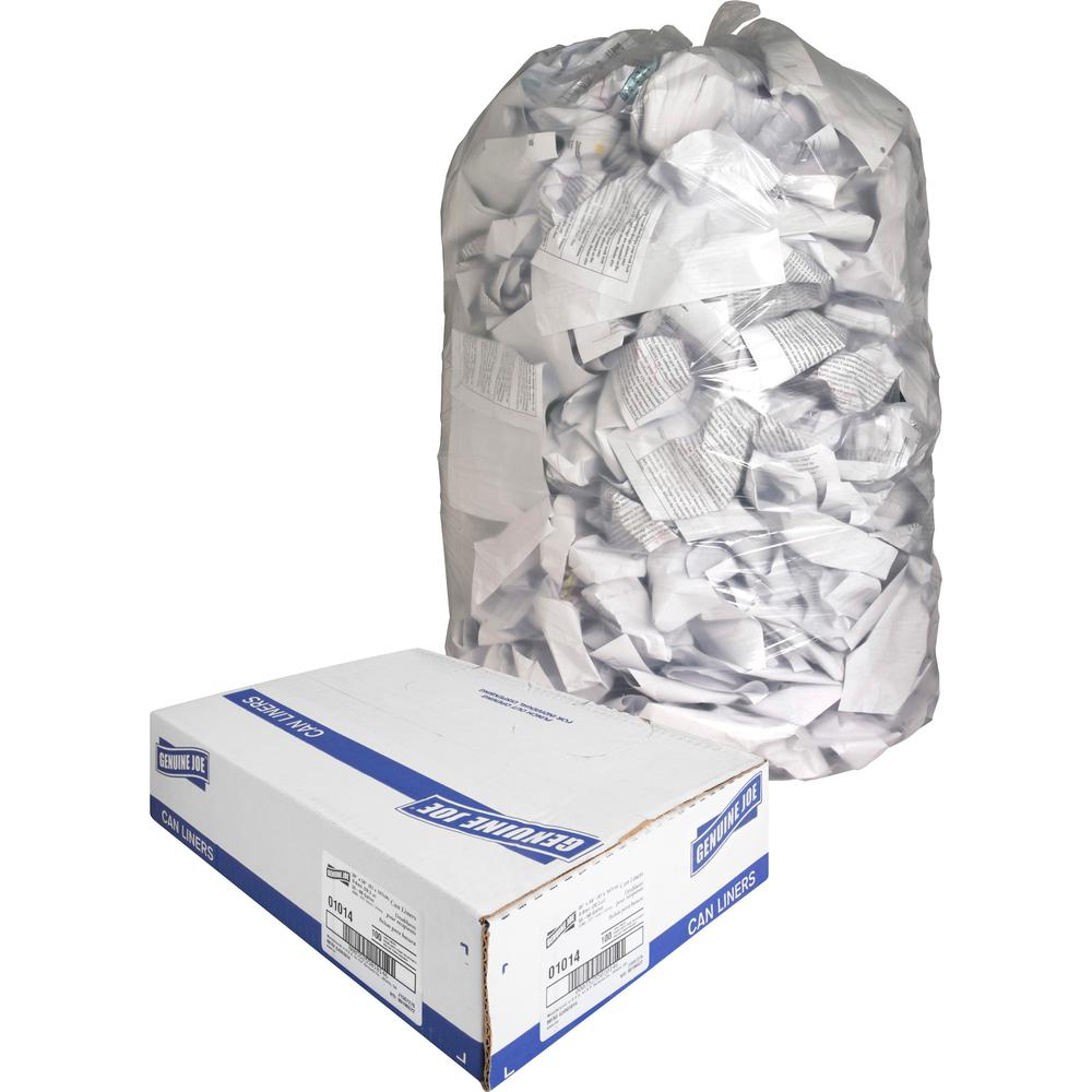 Genuine Joe Clear Trash Can Liners - Extra Large Size - 60 gal Capacity - 38" Width x 58" Length - 0.80 mil (20 Micron) Thickness - Low Density - Clear - Film - 100/Carton - Multipurpose. The main picture.