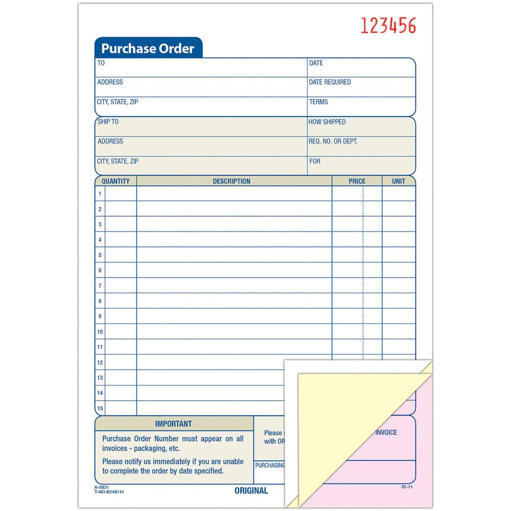 Adams 3-Part Carbonless Purchase Order Forms - 3 PartCarbonless Copy - 5.56" x 8.43" Sheet Size - 1 Each. Picture 1