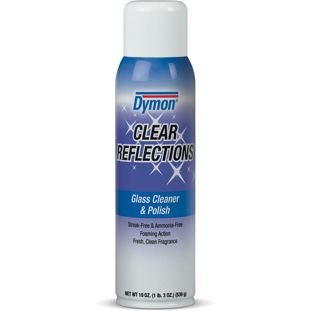 Dymon Clear Reflections Aerosol Glass Cleaner - For Screen, Window, Mirror, Lens, Windshield - 19 fl oz (0.6 quart) - 1 Each - Residue-free - Silver, Blue. Picture 1