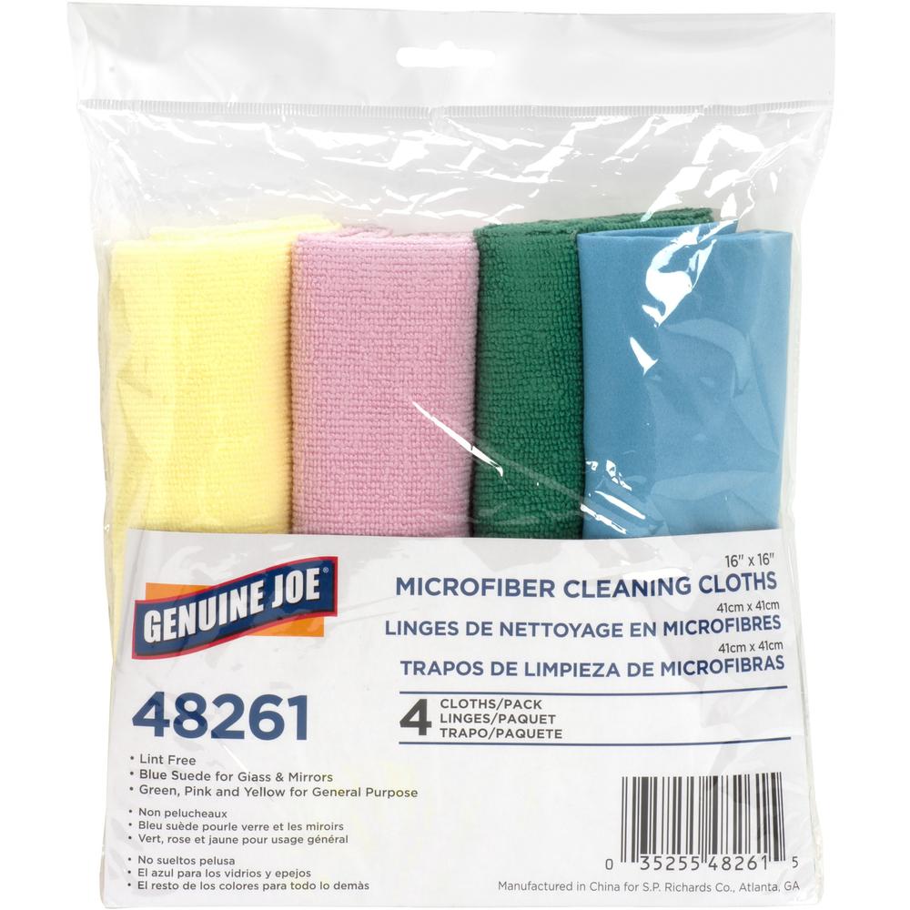 Genuine Joe Color-coded Microfiber Cleaning Cloths - 16" x 16" - Assorted - MicroFiber - 4 / Pack. Picture 1