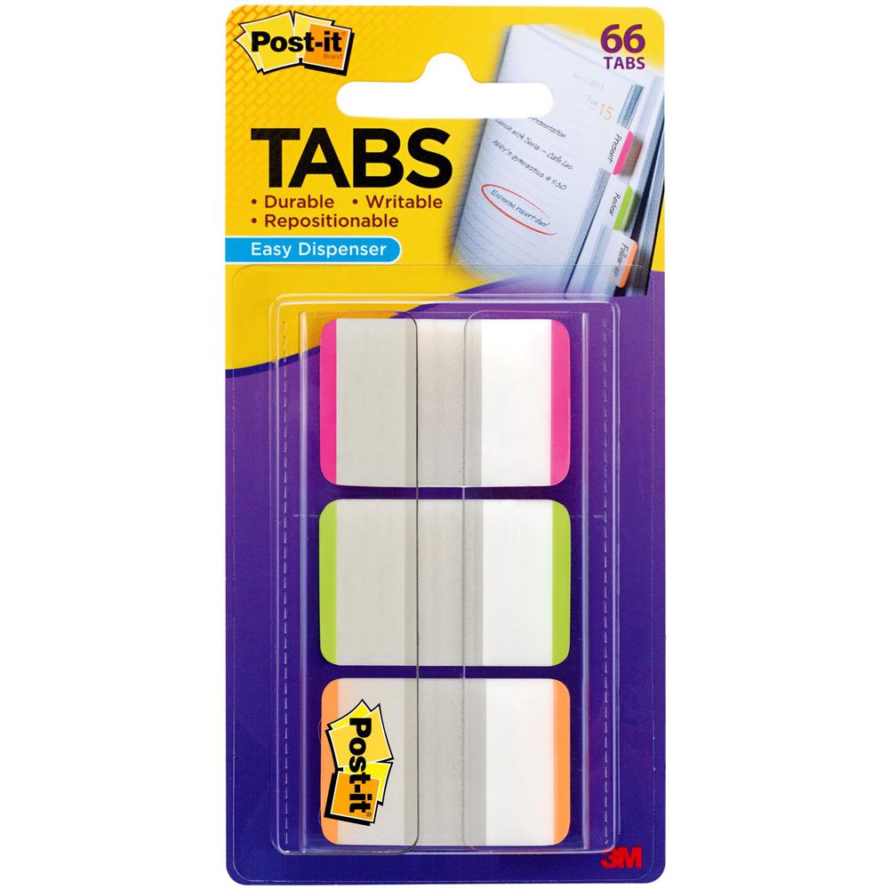 Post-it&reg; Durable Tabs - 66 Write-on Tab(s) - 1.50" Tab Height - Pink, Green, Orange Tab(s) - Repositionable - 66 / Pack. Picture 1