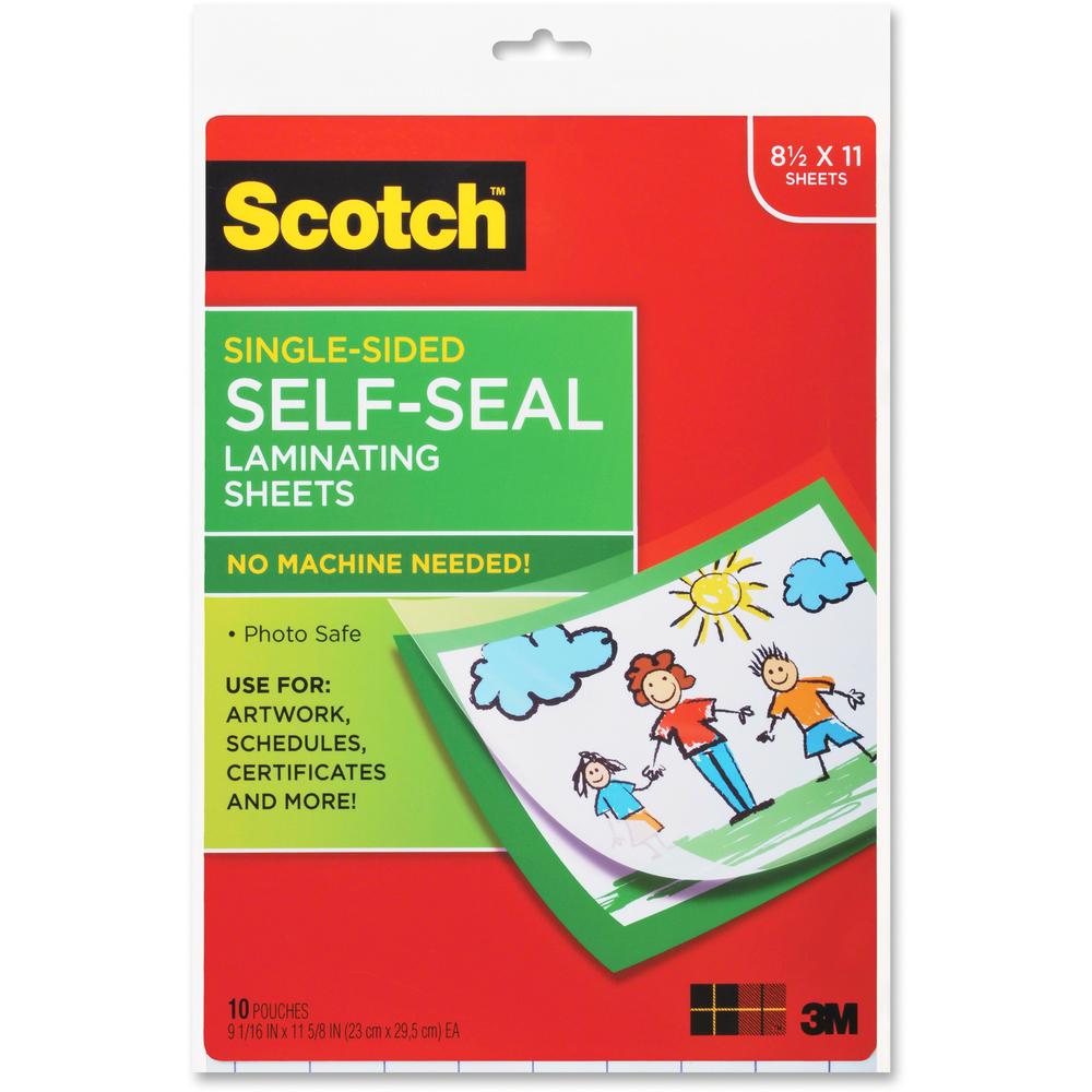Scotch Self-Seal Laminating Pouches - Sheet Size Supported: Letter 8.50" Width x 11" Length x 9.6 mil Thickness - Laminating Pouch/Sheet Size: 9" Width x 12" Length x 6 mil Thickness - Glossy - for Do. Picture 1