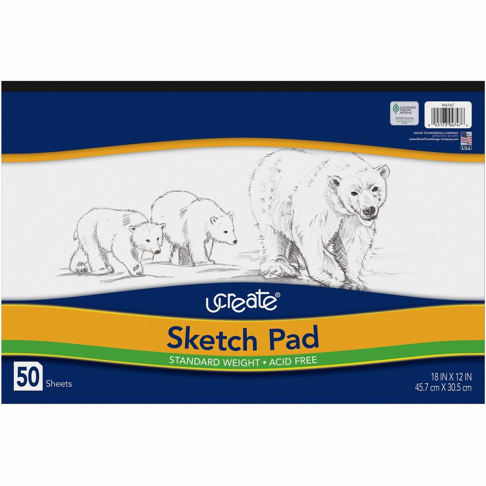UCreate Medium Weight Sketch Pads - 50 Sheets - 18" x 12" - White Paper - Mediumweight, Acid-free - Recycled - 50 / Pad. Picture 1