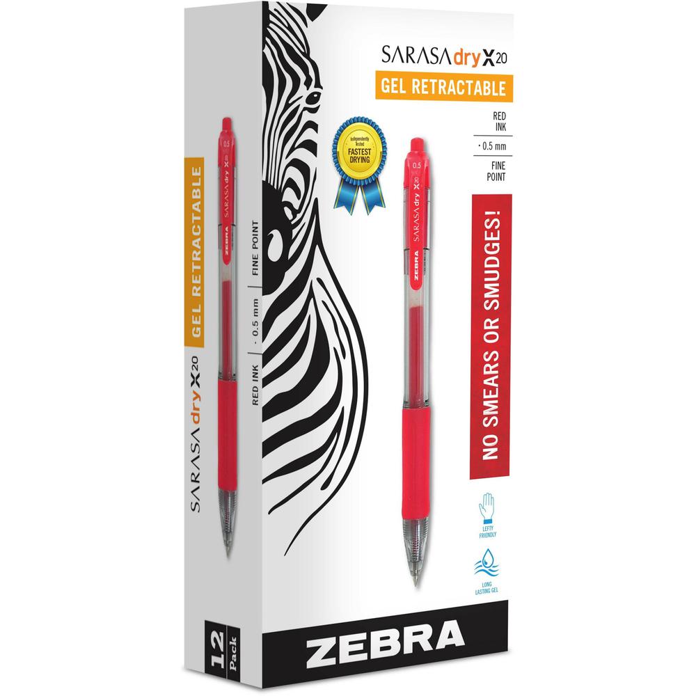 Zebra SARASA dry X20 Retractable Gel Pen - Fine Pen Point - 0.5 mm Pen Point Size - Retractable - Red Gel-based Ink - Transparent, Red Barrel - 1 Dozen. Picture 1