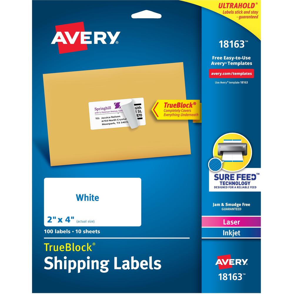 Avery&reg; Shipping Labels, Sure Feed&reg;, 2" x 4" , 100 Labels (18163) - 2" Width x 4" Length - Permanent Adhesive - Rectangle - Laser, Inkjet - White - Paper - 10 / Sheet - 10 Total Sheets - 100 To. Picture 1