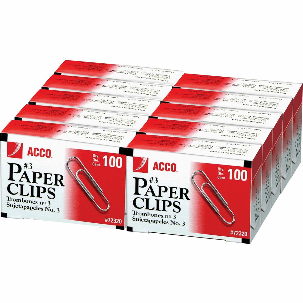 ACCO Paper Clips - No. 3 - 0.9" Length - 10 Sheet Capacity - Galvanized, Corrosion Resistant - 1000 / Pack - Silver - Metal, Zinc Plated. Picture 1